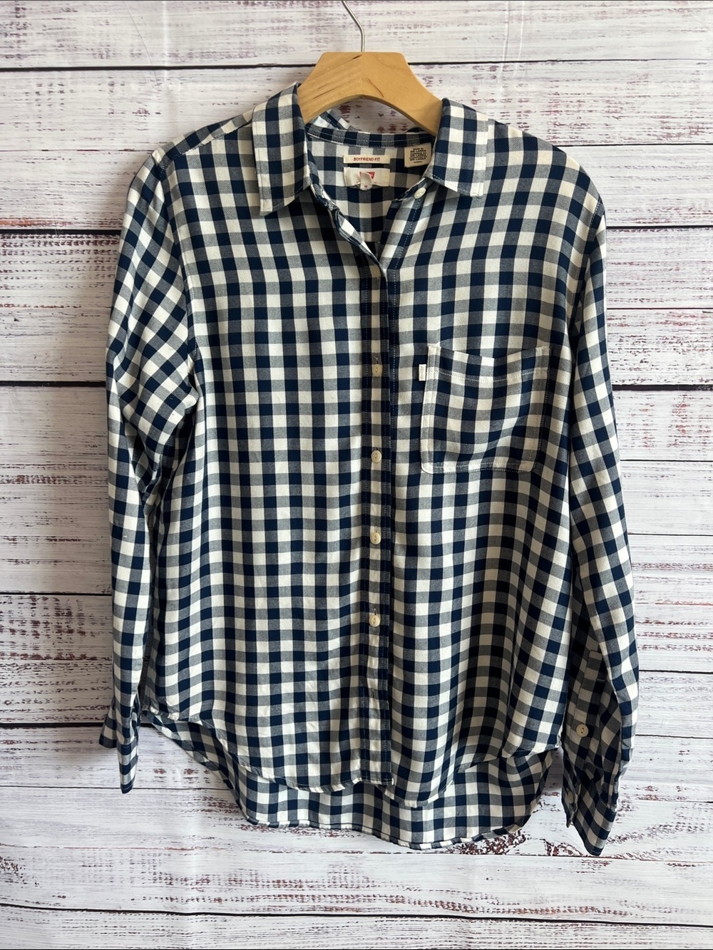 LEVIS WOMENS GINGHAM BLUE AND WHITE LONG SLEEVE BUTTON DOWN BLOUSE TOP SHIRT SM